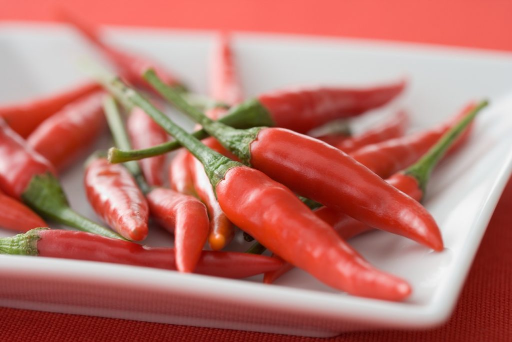 Red chilli peppers on a dish