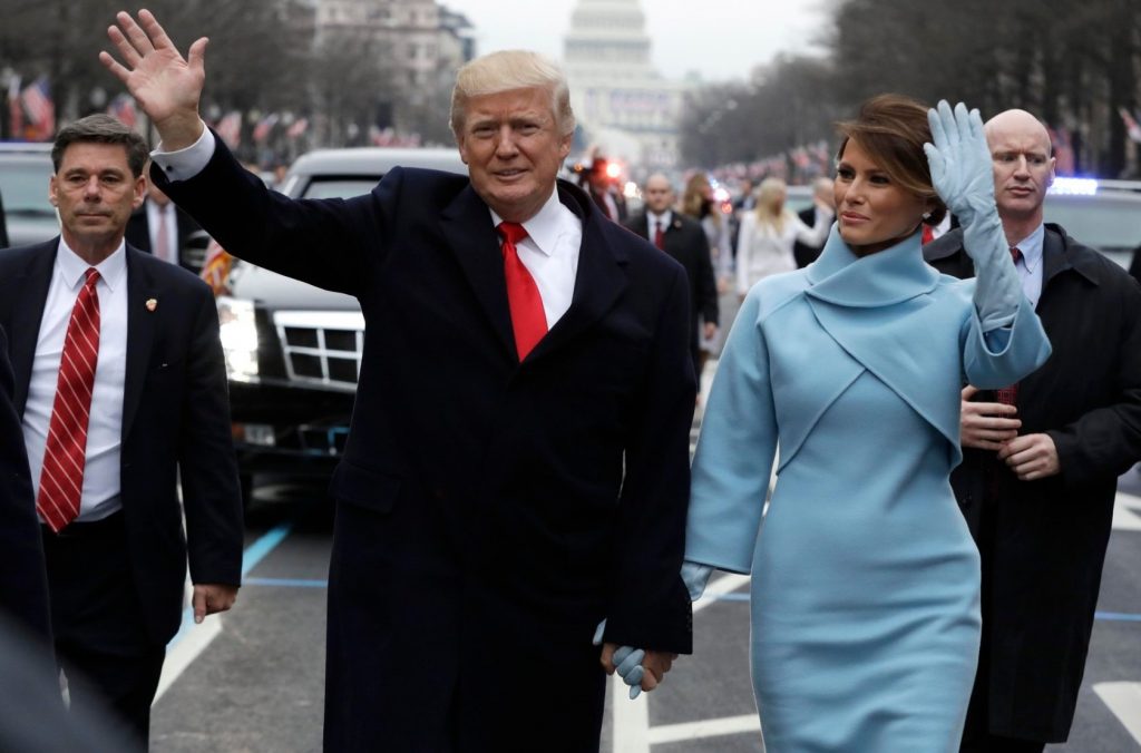 Jan 20, 2017; Washington, DC, USA; President Donald Trump waves as he walks with first lady Melania Trump during the inauguration parade on Pennsylvania Avenue., Image: 312115027, License: Rights-managed, Restrictions: *** World Rights ***, Model Release: no, Credit line: Profimedia, SIPA USA