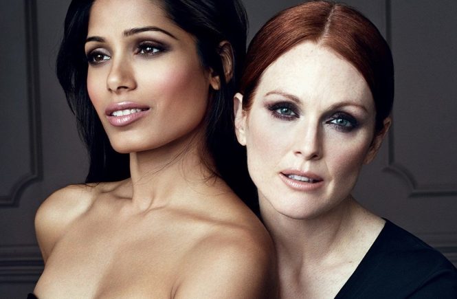 Famous actresses and models pose together for the Collection Privee by Color Riche of L'Oreal Paris. Pictured: Julianne Moore and Freida Pinto. EDITORIAL USE (HO) - 06/09/2013, Image: 171267565, License: Rights-managed, Restrictions: Pictures in this set: 004. As the promotional pictures in this set are defined as 'Hands Out' (HO), the supplier can«t be considered responsible of subsequent sales or any other legal matter concerning to the material provided. These promotional pictures has been provided without Êany compromise between the parts and it is only under the responsibility of the recipient, who acknowledges the reception of these pictures as 'Hands Out'., Model Release: no, Credit line: Profimedia, Balawa Pics