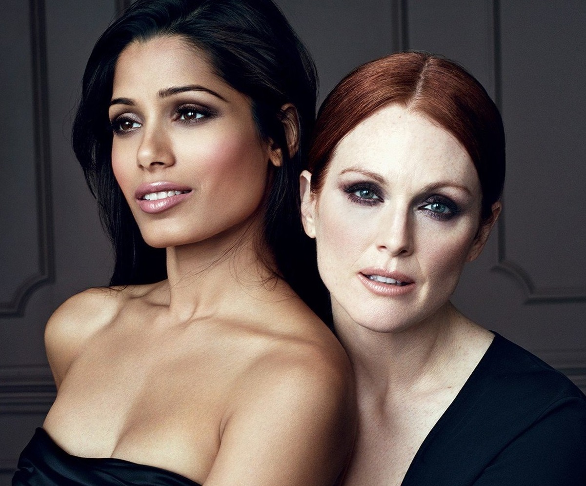 Famous actresses and models pose together for the Collection Privee by Color Riche of L'Oreal Paris. Pictured: Julianne Moore and Freida Pinto. EDITORIAL USE (HO) - 06/09/2013, Image: 171267565, License: Rights-managed, Restrictions: Pictures in this set: 004. As the promotional pictures in this set are defined as 'Hands Out' (HO), the supplier can«t be considered responsible of subsequent sales or any other legal matter concerning to the material provided. These promotional pictures has been provided without Êany compromise between the parts and it is only under the responsibility of the recipient, who acknowledges the reception of these pictures as 'Hands Out'., Model Release: no, Credit line: Profimedia, Balawa Pics