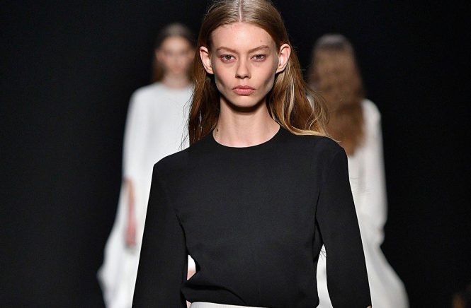 Model Ondria Hardin walks on the runway during the Narciso Rodriguez Fashion Show at FW17 held at Sir Stage 37 in New York, NY on February 14, 2017., Image: 321204514, License: Rights-managed, Restrictions: EDITORIAL USAGE ONLY, all other usage only after written permission, Model Release: no, Credit line: Profimedia, SIPA USA