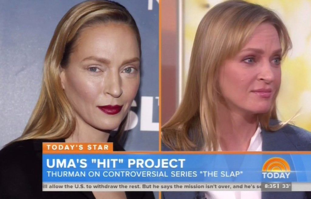 12 February 2015-NYC-USA **** STRICTLY NOT AVAILABLE FOR USA *** Actress Uma Thurman says she was really flattered when she heard the new song that is taking the US charts by storm - a song by rockers Fall Out Boy simply titled 'Uma Thurman' Appearing on the The Today Show, the Pulp Fiction actress spoke about the song and said: ""I'm so flattered, its so nice." Then talking about how the band had actually asked her permission if they could sing about her she said: "Its incredibly chilvalrus as no one ever asks permission for anything anymore and you don't really expect it. I was really flattered and im so happy for them and its really cute." Asked if she would then perhaps shoot a video with the band for the song she coyly said: "Um well, i dont know, well yeah sure. We'll see This week Thurman has found herself being the victim of online jibes about her look after she appeared at the tv premiere of her new show The Slap this week. A lot of people were saying the actress looked a lot different from her usual self. Addressing the criticism, Thurman said: "I guess no one liked my make-up. I dont know. Ive been doing this for years and years and years and people say things nice and people say things mean and im just like whatever. You know you take the good things with the bad" The talking about her new show The Slap which has caused a huge stir because it centers around someonelse disciplining a child of another friend as the man slaps a child for bad behavior. Talking about the scene and child abuse, Thurman said: "Its just not done.! It happens all the time in this country and it often doesn't happen necessarily outside of nuclear family but i think what makes this piece so compelling is that it brings up a serious conversation.", Image: 218068304, License: Rights-managed, Restrictions: PLEASE CREDIT AS PER BYLINE *UK CLIENTS - PLEASE PIXELATE CHILDS FACE BEFORE PUBLICATION **UK CLIENTS MUST CALL PRIOR TO TV OR ONLINE USAGE, Model Release: no, Credit line: Profimedia, Xposurephotos