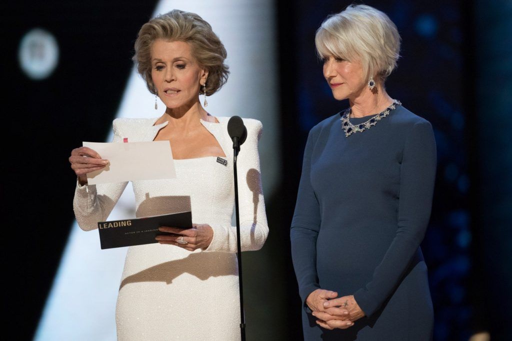 Jane Fonda and Helen Mirren present the Osca for best actor in a leading role during the live ABC Telecast of the 90th Oscars at the Dolby Theatre in Hollywood, CA on Sunday, March 4, 2018., Image: 365154436, License: Rights-managed, Restrictions: NO ITALY, GERMANY, BENELUX, USA or AUSTRALIA - Fee Payable Upon Reproduction - For queries contact Avalon.red - sales@avalon.red London: +44 (0) 20 7421 6000 Los Angeles: +1 (310) 822 0419 Berlin: +49 (0) 30 76 212 251 Madrid: +34 91 533 4289, Model Release: no, Credit line: Profimedia, Uppa entertainment