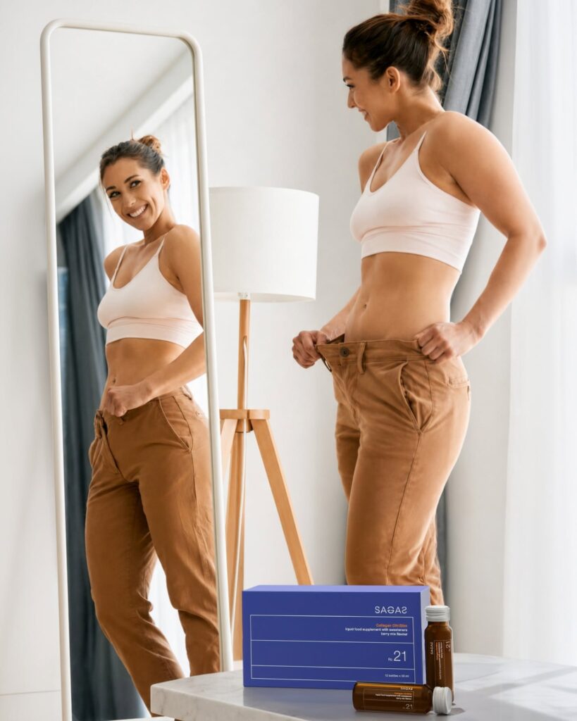 SAGAS Collagen CitriSlim pakiranje i bočica tekućeg kolagenskog suplementa za potporu liniji i njegu kože