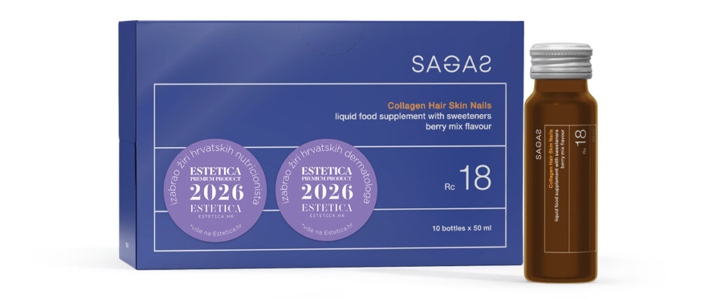 SAGAS Collagen Hair Skin Nails pakiranje i bočica tekućeg kolagenskog suplementa za kosu, kožu i nokte