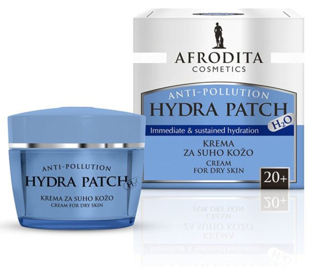 Afrodita Hydra Patch H2O krema za suhu kožu u plavoj teglici s pripadajućom kutijom na bijeloj pozadini