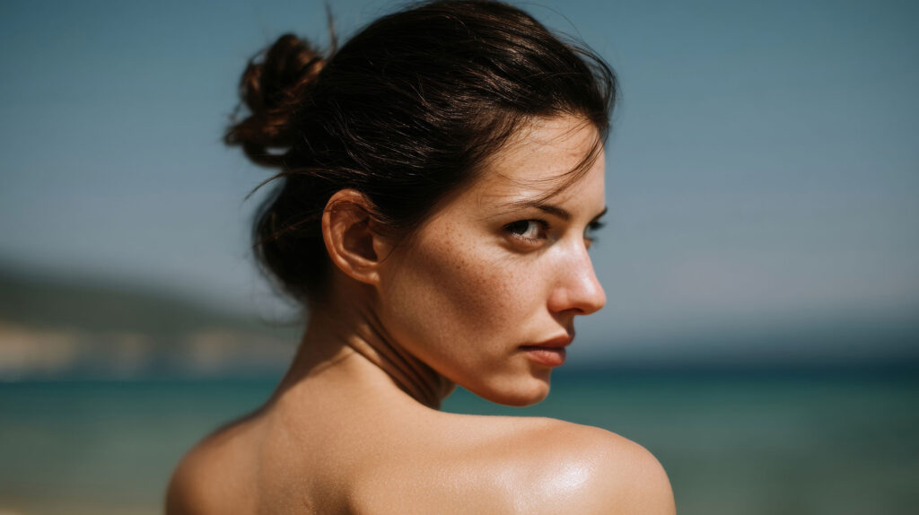 lijepa žena na plaži kože lica izložene suncu
