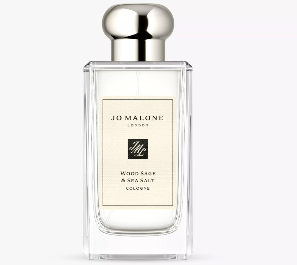 Jo Malone London Wood Sage & Sea Salt Cologne u minimalističkoj prozirnoj bočici.