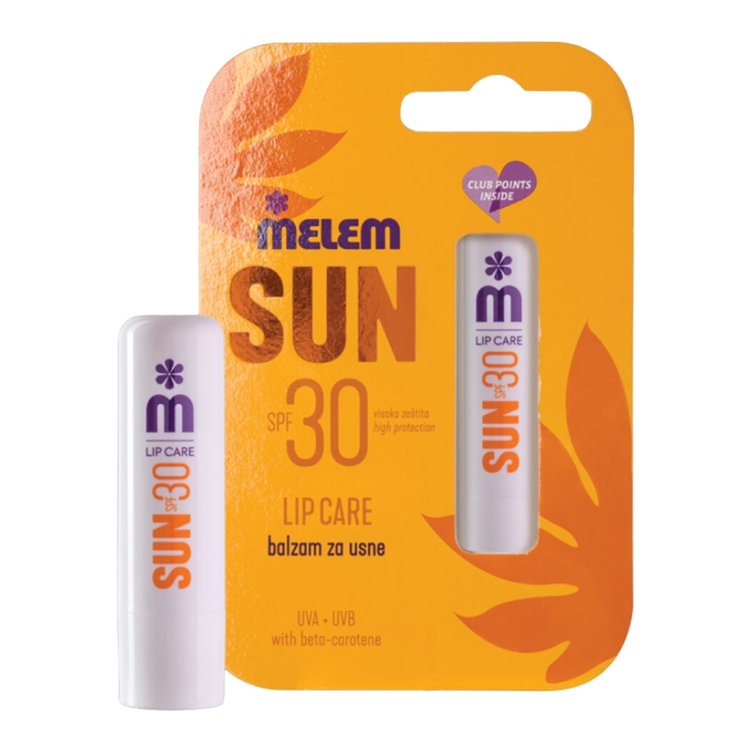 Melem Sun balzam za usne SPF30 s beta-karotenom u bijelom stiku, prikazan uz narančasto pakiranje s natpisom "visoka zaštita, UVA + UVB"