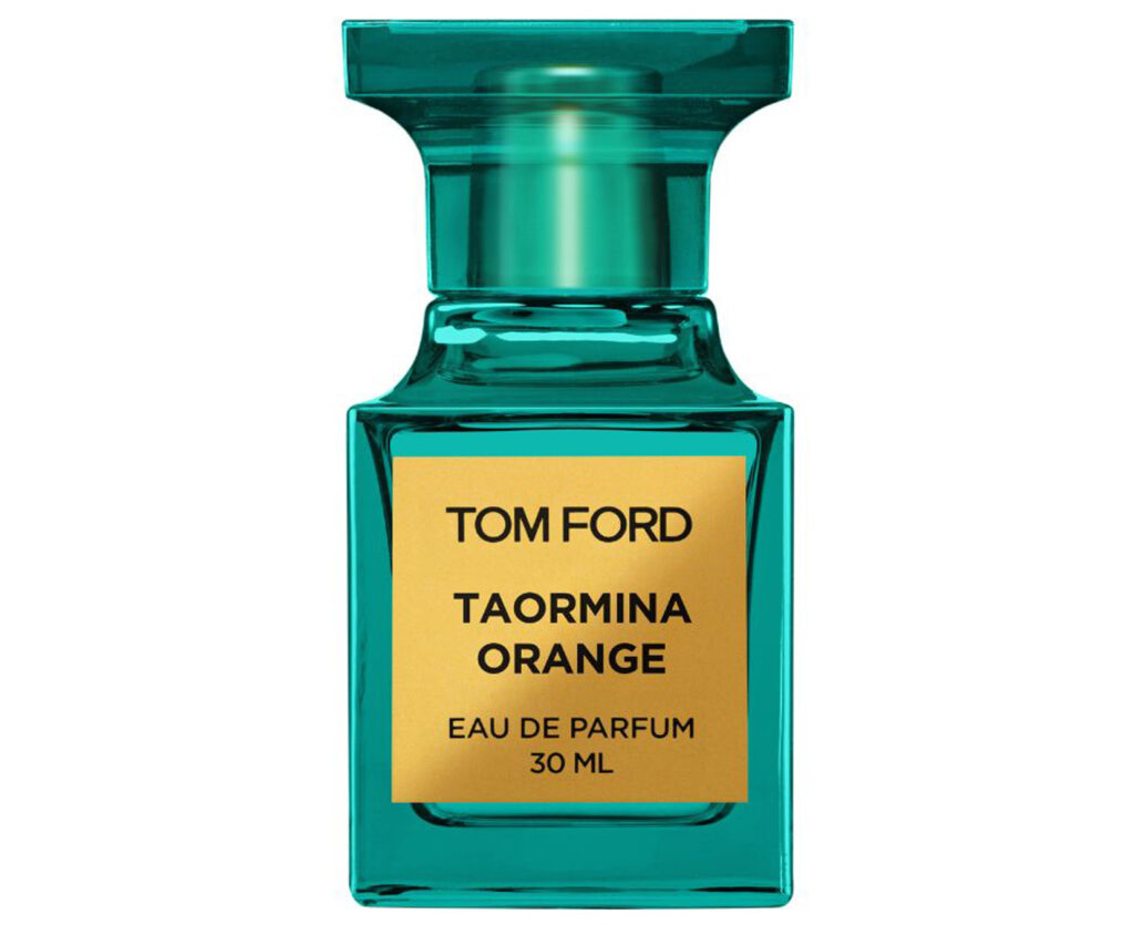 Tom Ford Taormina Orange parfem u tirkiznoj bočici sa zlatnom etiketom.