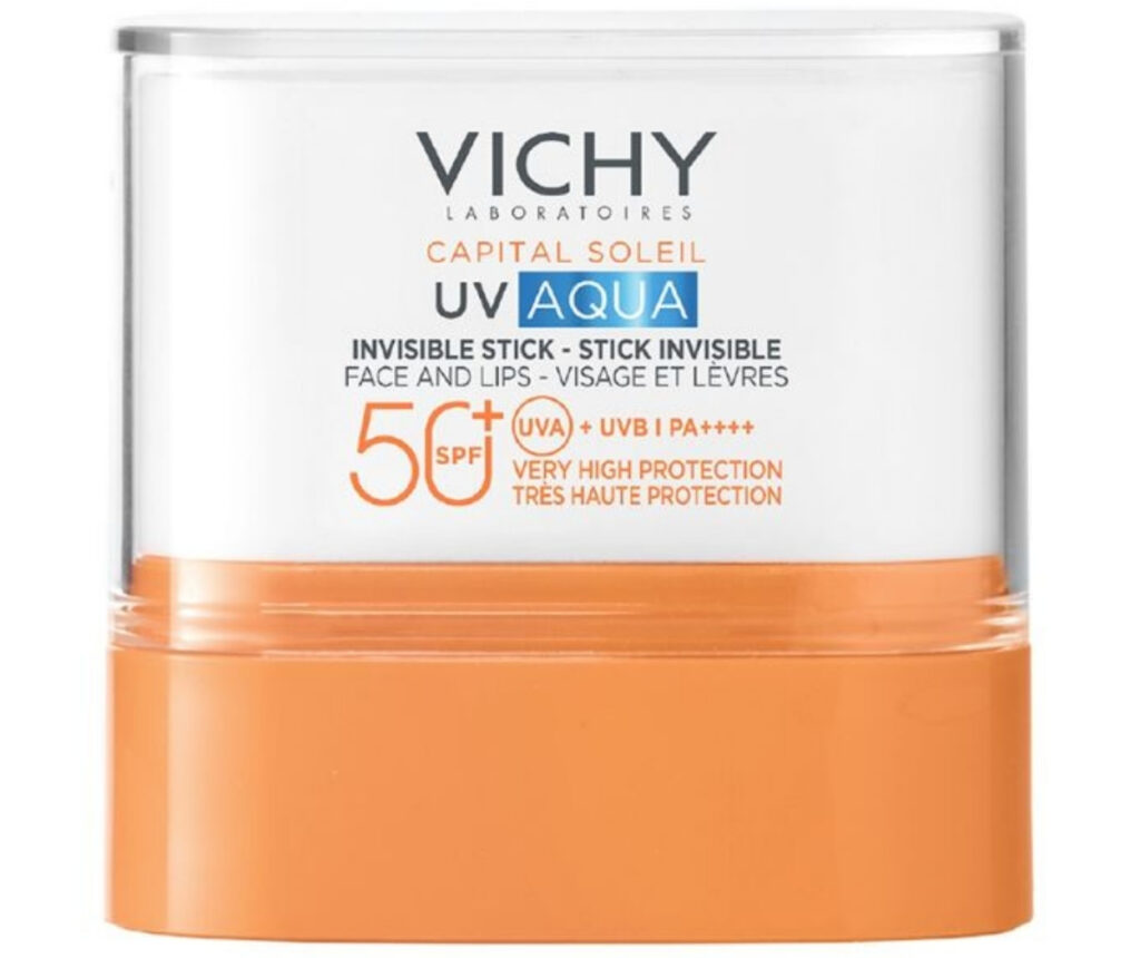 Vichy Capital Soleil UV Aqua nevidljivi stik za lice i usne SPF50+ s narančastim dnom i prozirnim poklopcem