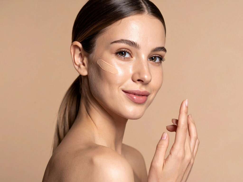Žena nanosi toniranu kremu na obraz, prikazujući lagani makeup i blistav ten