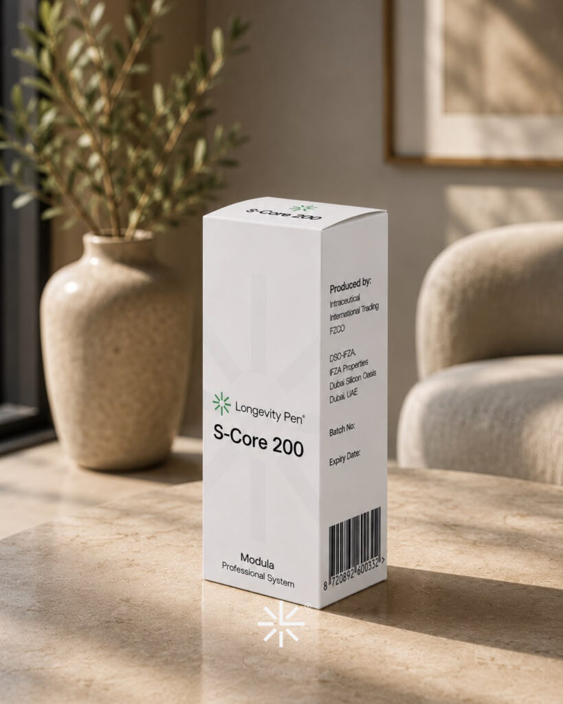 Pakiranje Longevity Pen S-Core 200 sa spermidinom na stolu u svijetlom interijeru s toplim prirodnim svjetlom.