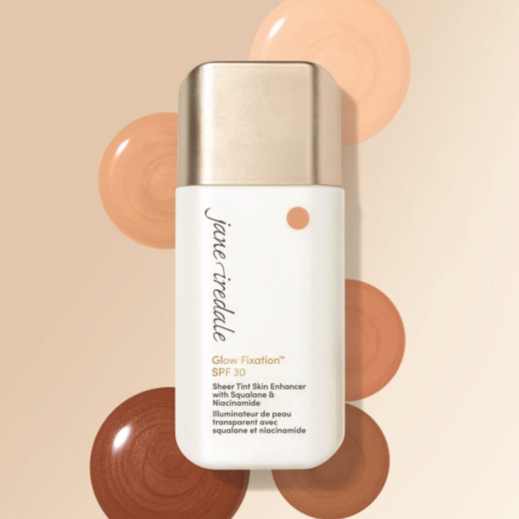 Jane Iredale Glow Fixation SPF 30 Sheer Tint Skin Enhancer u bijelom pakiranju.